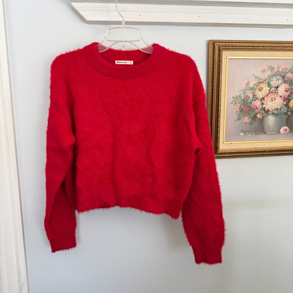 Marine Layer Womens Red Fuzzy Eyelash Knit Crewneck‎ Sweater Small Merino Wool